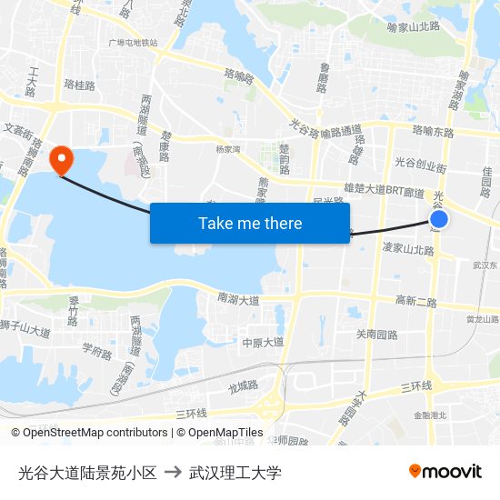 光谷大道陆景苑小区 to 武汉理工大学 map