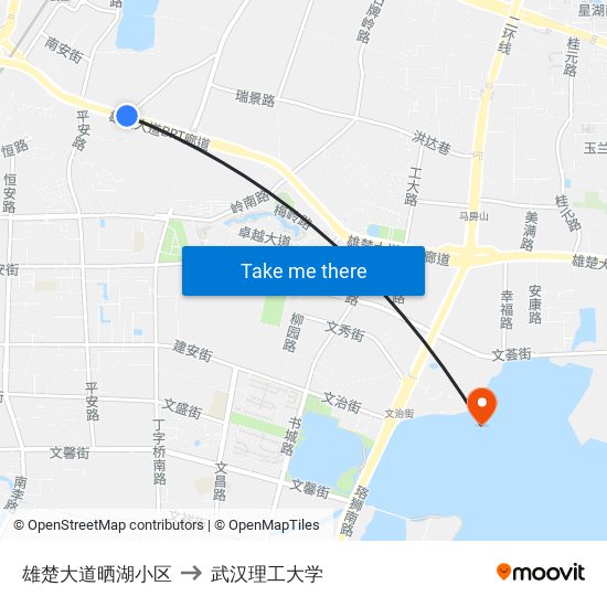 雄楚大道晒湖小区 to 武汉理工大学 map