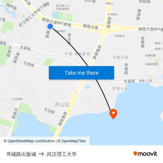 书城路出版城 to 武汉理工大学 map