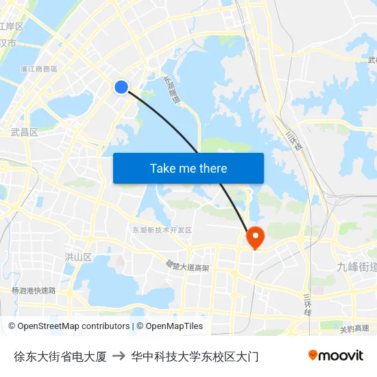 徐东大街省电大厦 to 华中科技大学东校区大门 map