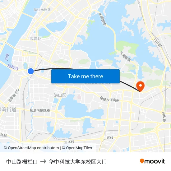 中山路栅栏口 to 华中科技大学东校区大门 map