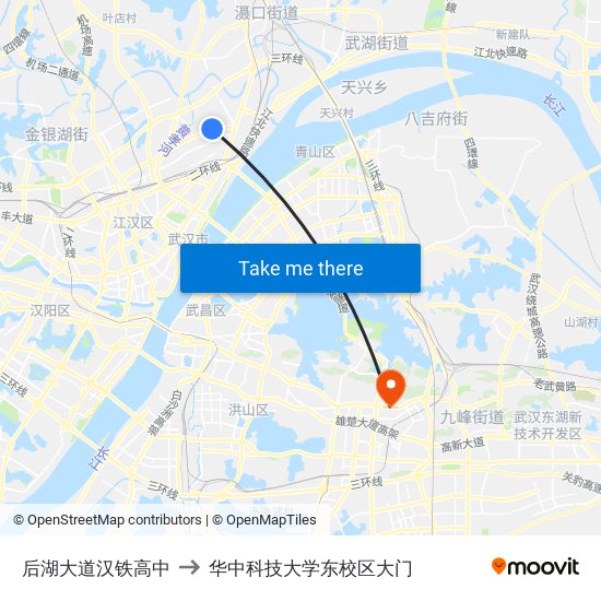 后湖大道汉铁高中 to 华中科技大学东校区大门 map