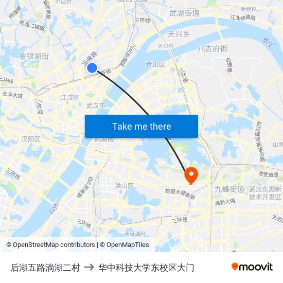 后湖五路淌湖二村 to 华中科技大学东校区大门 map