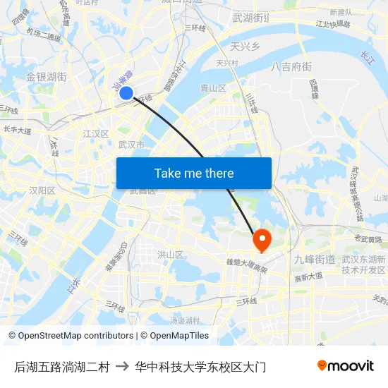 后湖五路淌湖二村 to 华中科技大学东校区大门 map