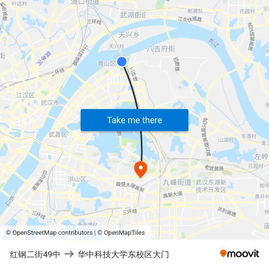 红钢二街49中 to 华中科技大学东校区大门 map