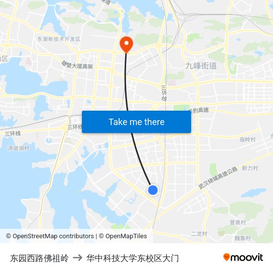 东园西路佛祖岭 to 华中科技大学东校区大门 map