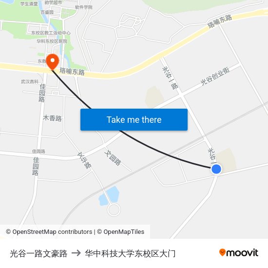 光谷一路文豪路 to 华中科技大学东校区大门 map