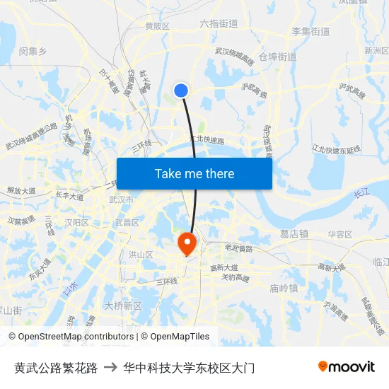 黄武公路繁花路 to 华中科技大学东校区大门 map