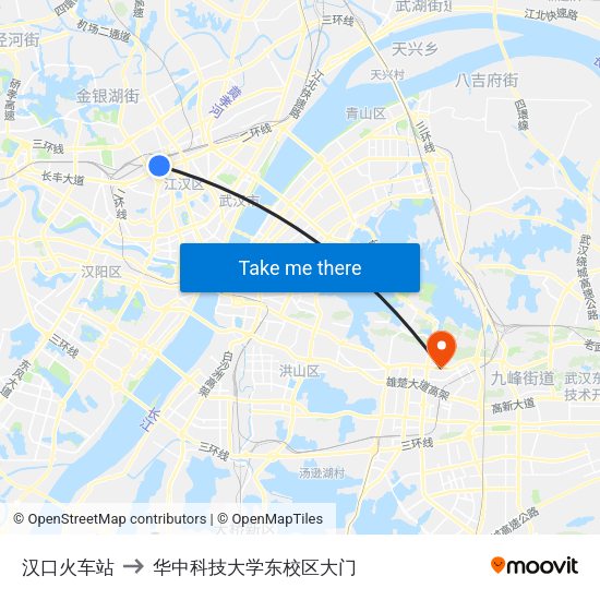 汉口火车站 to 华中科技大学东校区大门 map