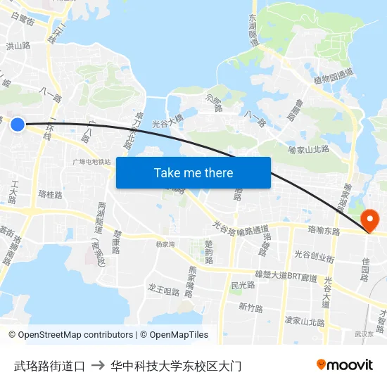 武珞路街道口 to 华中科技大学东校区大门 map