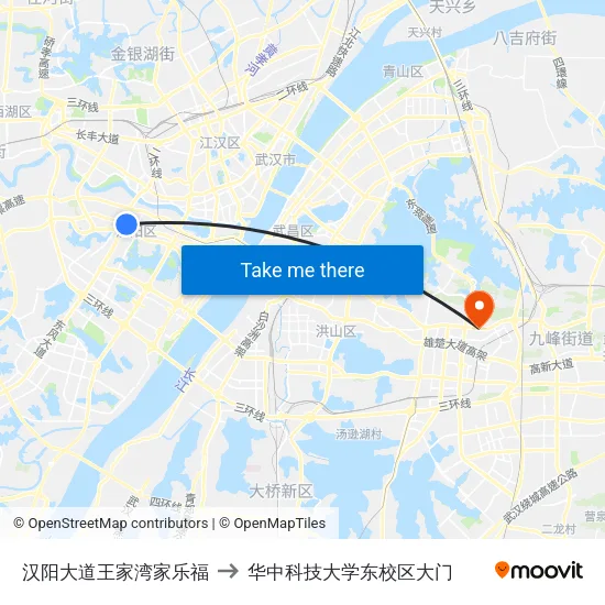 汉阳大道王家湾家乐福 to 华中科技大学东校区大门 map