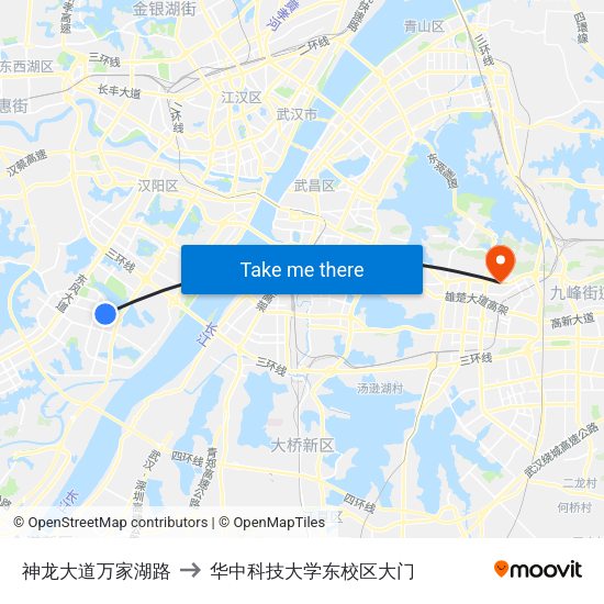 神龙大道万家湖路 to 华中科技大学东校区大门 map