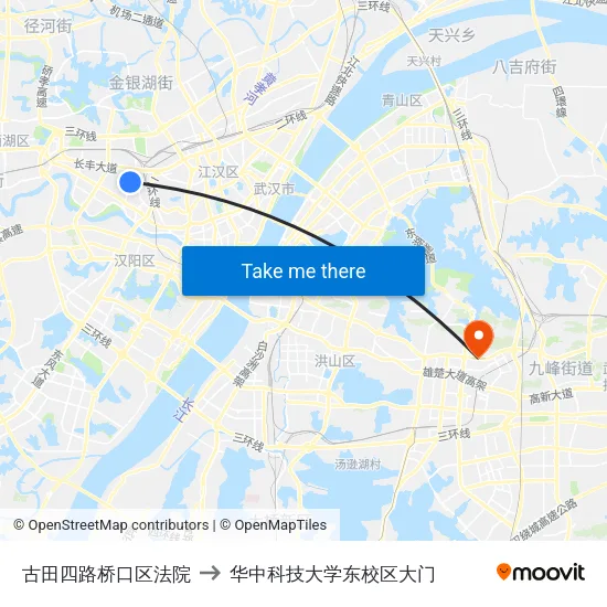古田四路桥口区法院 to 华中科技大学东校区大门 map