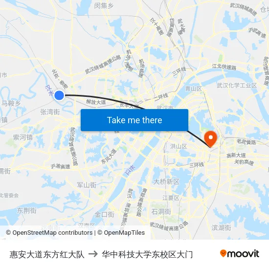 惠安大道东方红大队 to 华中科技大学东校区大门 map