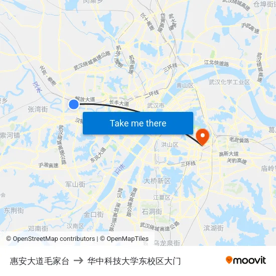 惠安大道毛家台 to 华中科技大学东校区大门 map