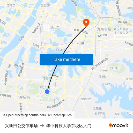 兴新街公交停车场 to 华中科技大学东校区大门 map