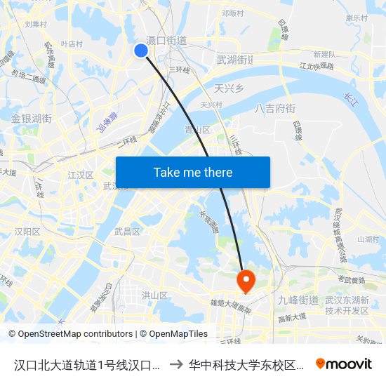 汉口北大道轨道1号线汉口北站 to 华中科技大学东校区大门 map