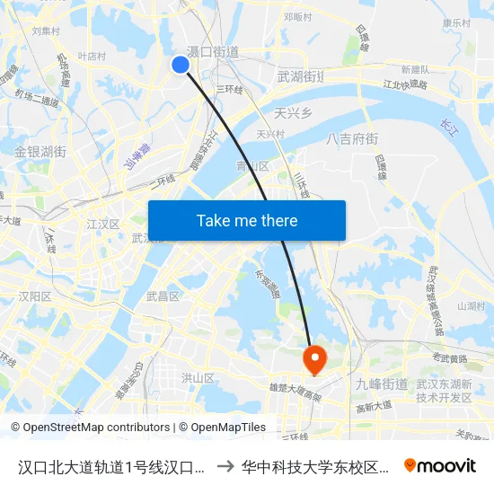 汉口北大道轨道1号线汉口北站 to 华中科技大学东校区大门 map