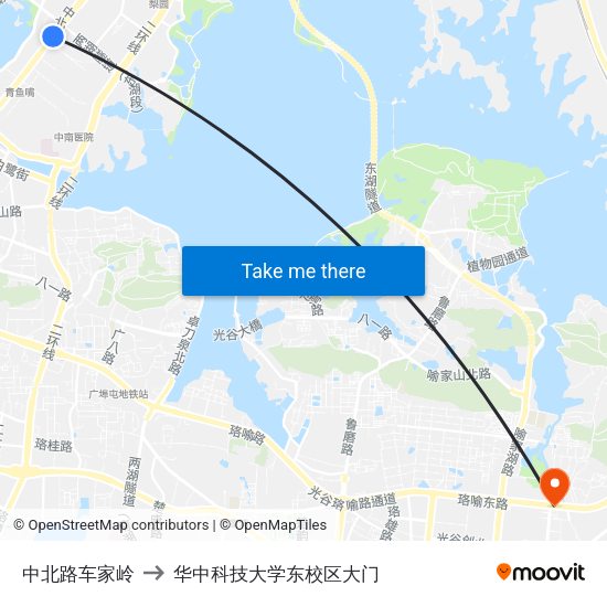 中北路车家岭 to 华中科技大学东校区大门 map