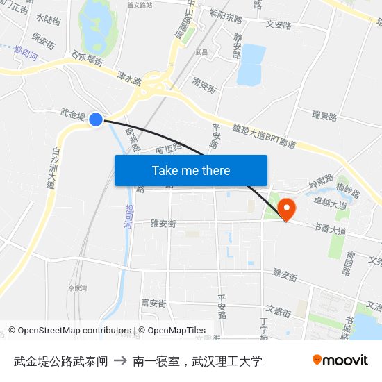 武金堤公路武泰闸 to 南一寝室，武汉理工大学 map