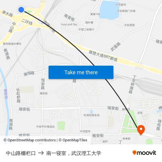 中山路栅栏口 to 南一寝室，武汉理工大学 map