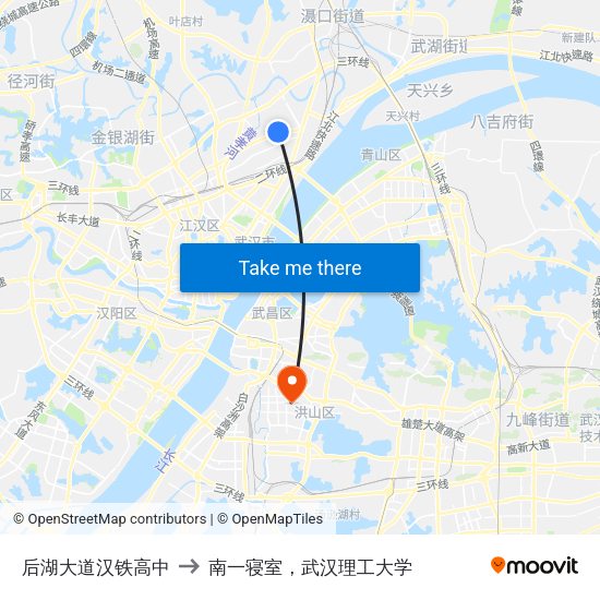 后湖大道汉铁高中 to 南一寝室，武汉理工大学 map
