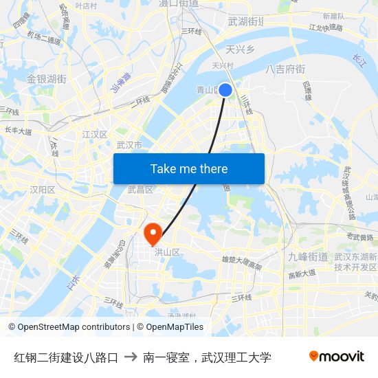 红钢二街建设八路口 to 南一寝室，武汉理工大学 map