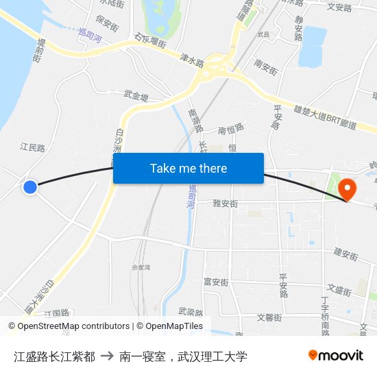 江盛路长江紫都 to 南一寝室，武汉理工大学 map