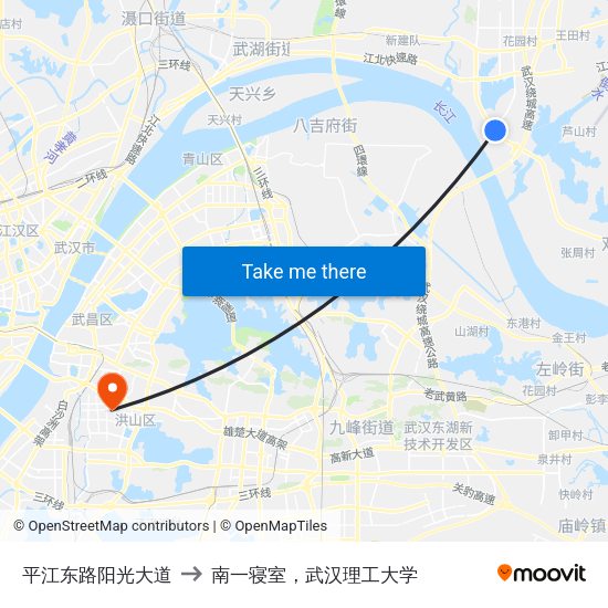 平江东路阳光大道 to 南一寝室，武汉理工大学 map
