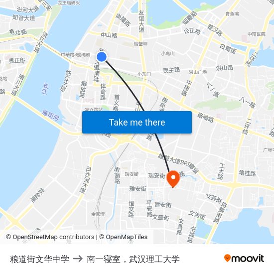 粮道街文华中学 to 南一寝室，武汉理工大学 map