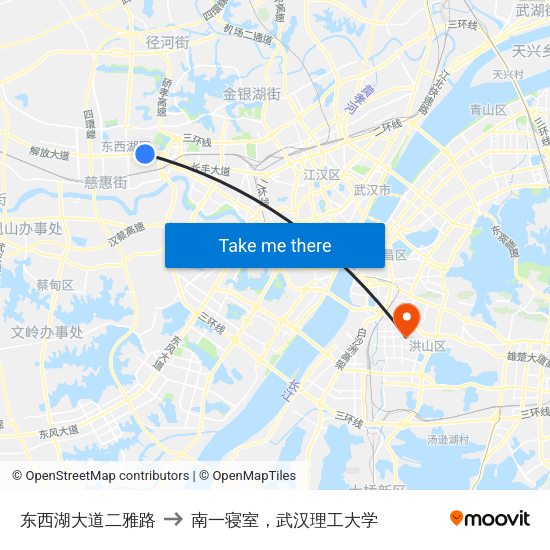 东西湖大道二雅路 to 南一寝室，武汉理工大学 map