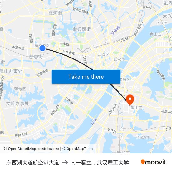东西湖大道航空港大道 to 南一寝室，武汉理工大学 map