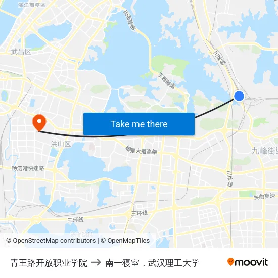 青王路开放职业学院 to 南一寝室，武汉理工大学 map