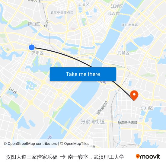 汉阳大道王家湾家乐福 to 南一寝室，武汉理工大学 map
