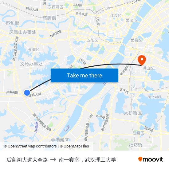 后官湖大道大全路 to 南一寝室，武汉理工大学 map