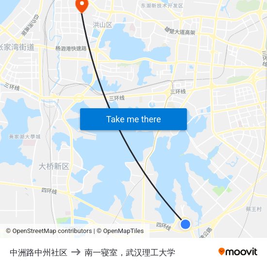 中洲路中州社区 to 南一寝室，武汉理工大学 map