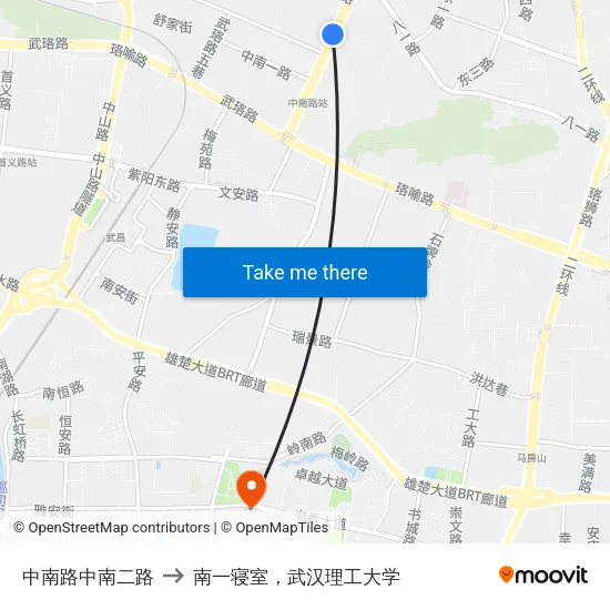 中南路中南二路 to 南一寝室，武汉理工大学 map
