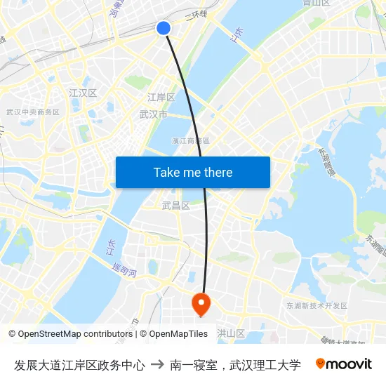 发展大道江岸区政务中心 to 南一寝室，武汉理工大学 map
