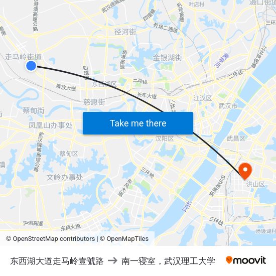 东西湖大道走马岭壹號路 to 南一寝室，武汉理工大学 map