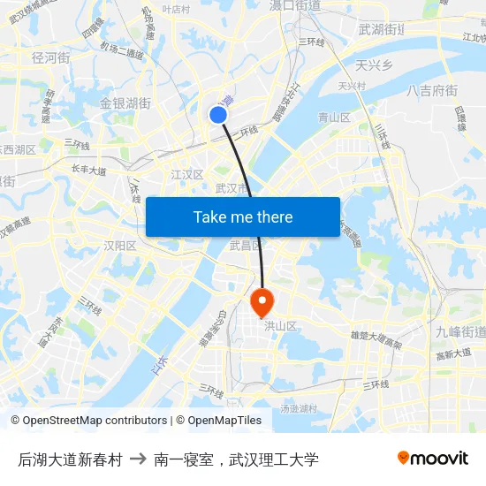 后湖大道新春村 to 南一寝室，武汉理工大学 map