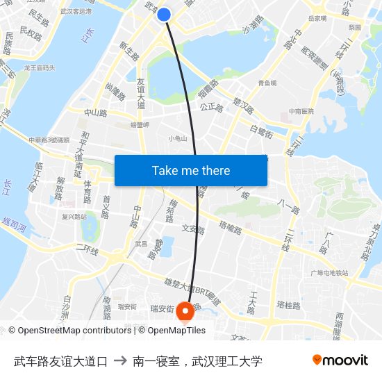 武车路友谊大道口 to 南一寝室，武汉理工大学 map