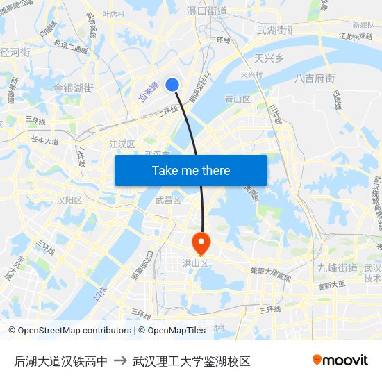 后湖大道汉铁高中 to 武汉理工大学鉴湖校区 map