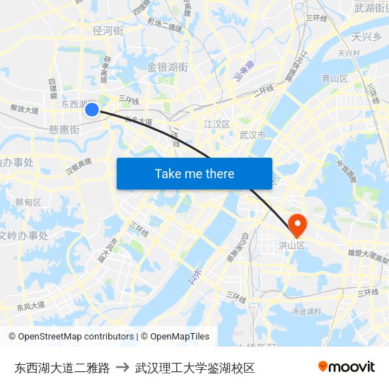 东西湖大道二雅路 to 武汉理工大学鉴湖校区 map