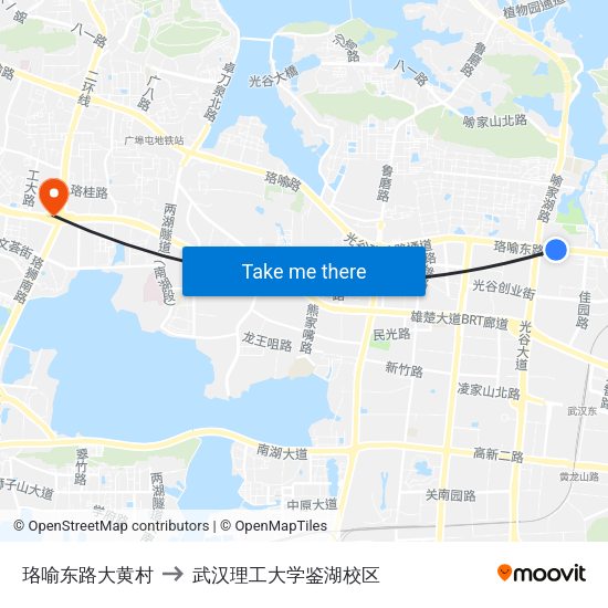 珞喻东路大黄村 to 武汉理工大学鉴湖校区 map