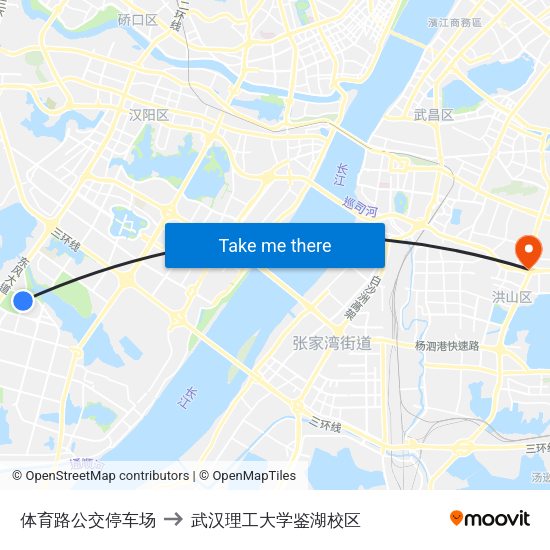 体育路公交停车场 to 武汉理工大学鉴湖校区 map