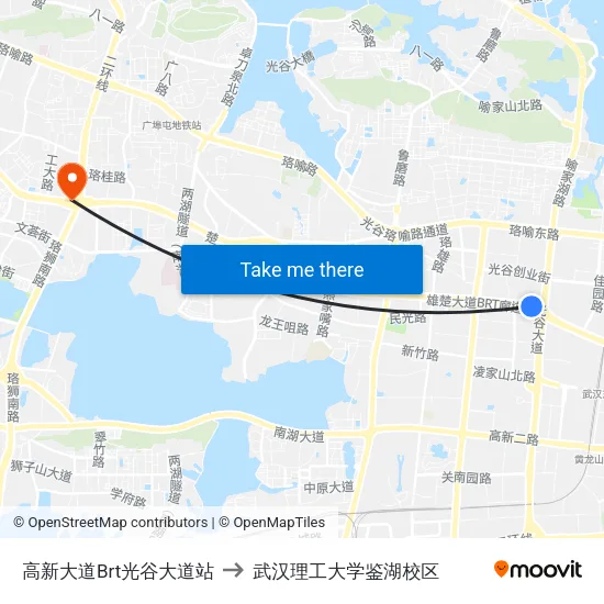 高新大道Brt光谷大道站 to 武汉理工大学鉴湖校区 map