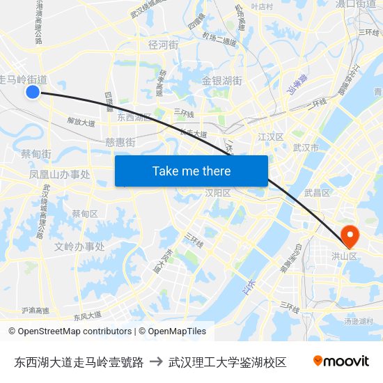 东西湖大道走马岭壹號路 to 武汉理工大学鉴湖校区 map