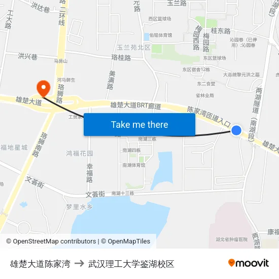 雄楚大道陈家湾 to 武汉理工大学鉴湖校区 map