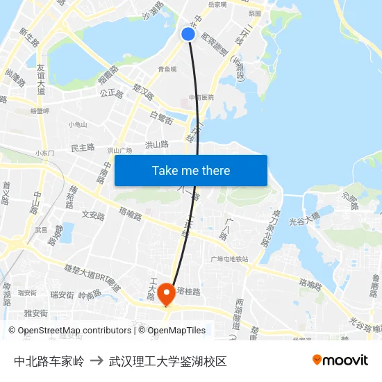 中北路车家岭 to 武汉理工大学鉴湖校区 map