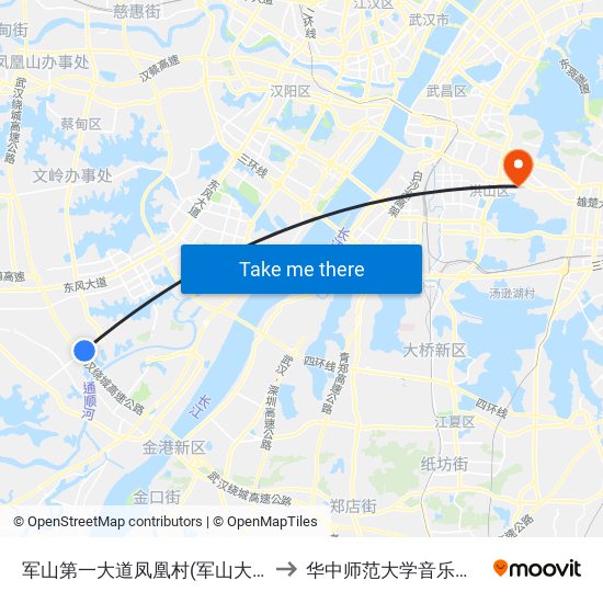 军山第一大道凤凰村(军山大道) to 华中师范大学音乐学院 map